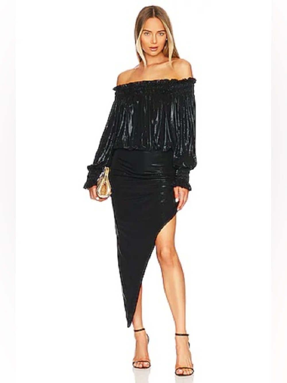Norma Kamali Long Sleeve Peasant Side Drape Gown Black Metallic XS